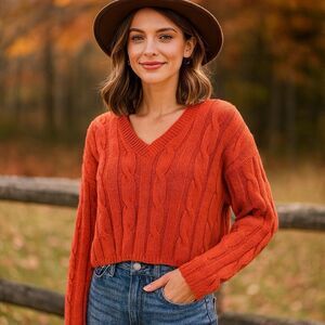 Madewell Cable knit Sweater XXS Orange Cropped Pullover Fall Cozy